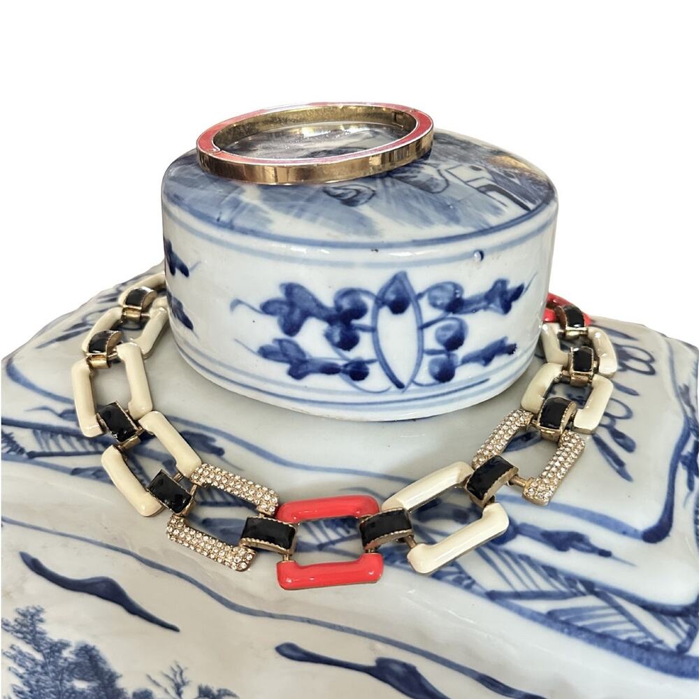 J.Crew Enamel Link Necklace & Bracelet Set | Coral Ivory Black Statement Jewelry
